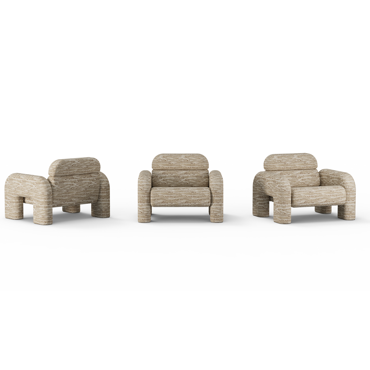 Vertigo Armchair in beige textured weave shown from side, front and three-quarter angles