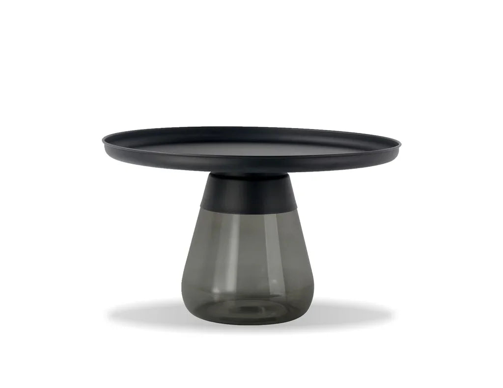 Duverre Coffee Table in Black Aluminum Smoke Glass, three-quarter view on white