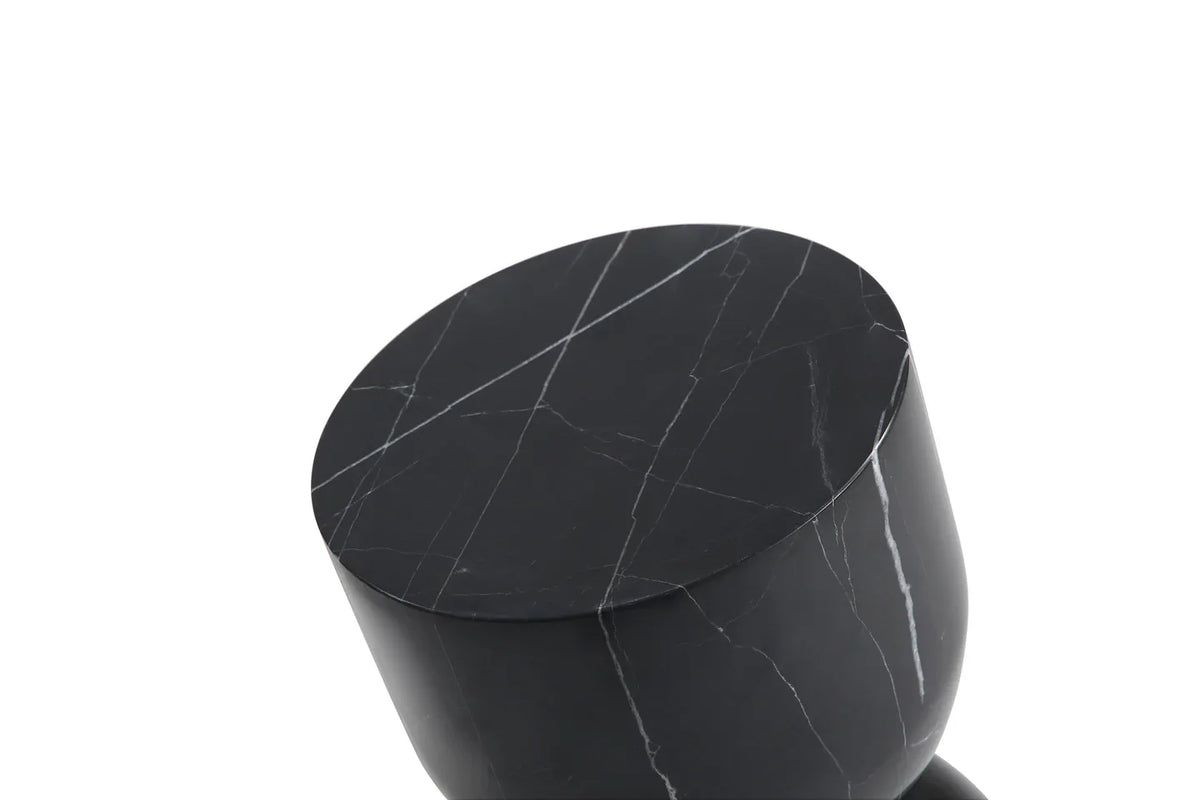Apothecary End Table in Black Marble, angled top surface with fine veining