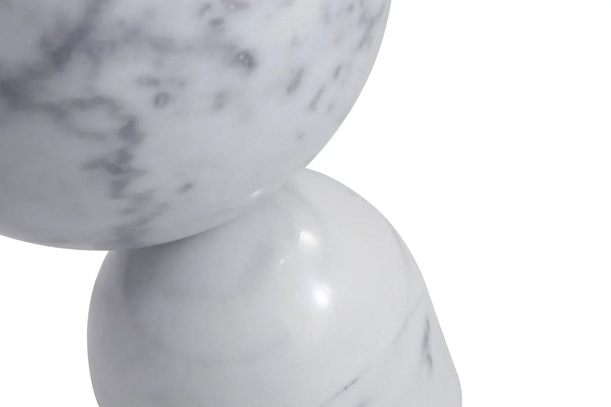 Apothecary End Table in White Marble, close-up of grey veining at the waist