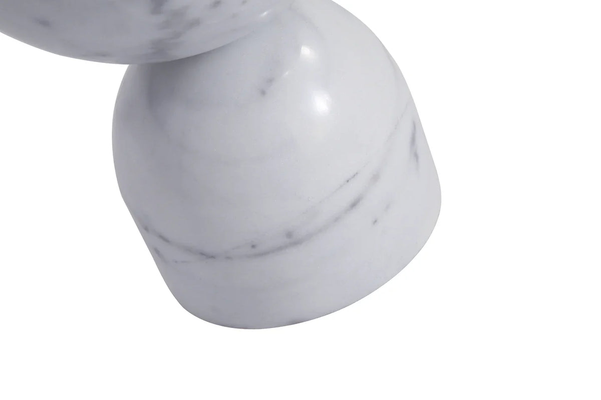 Apothecary End Table in White Marble, detail of the rounded base