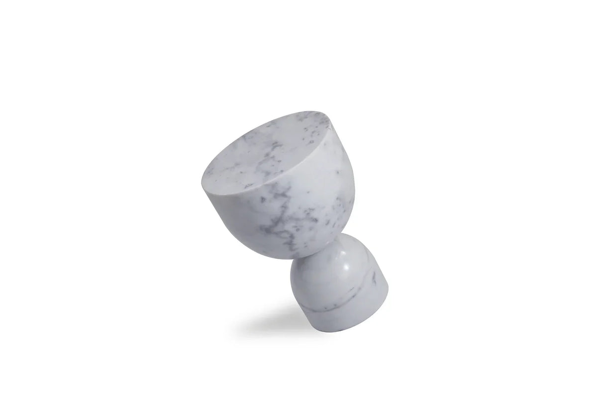 Apothecary End Table in White Marble, tilted on its side to show the hourglass form
