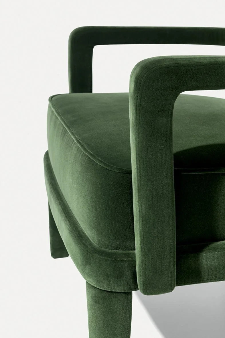 Zoe Armchair, close-up of the green velvet arm and seat cushion