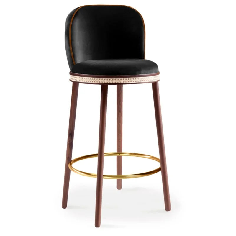 Alma Bar Stool in Black velvet on Natural Walnut legs with Polished Brass footrest