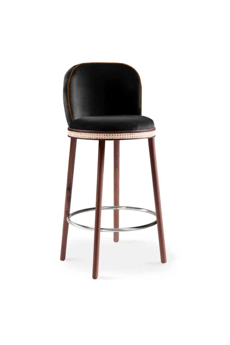 Alma Bar Stool in Black velvet on Natural Walnut legs with Polished Nickel footrest