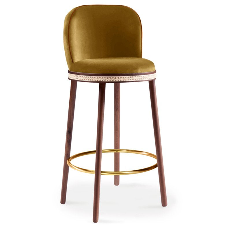Alma Bar Stool in Dijon velvet on Natural Walnut legs with Polished Brass footrest