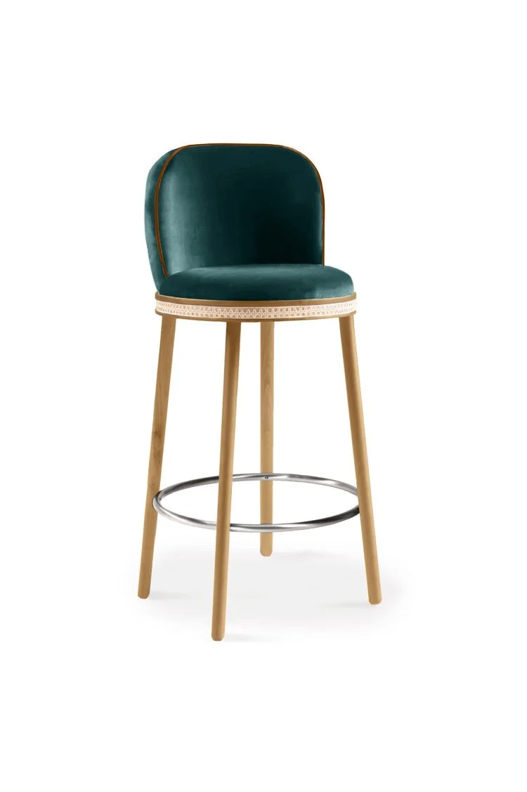 Alma Bar Stool in Duck velvet on Natural Oak legs with Polished Nickel footrest
