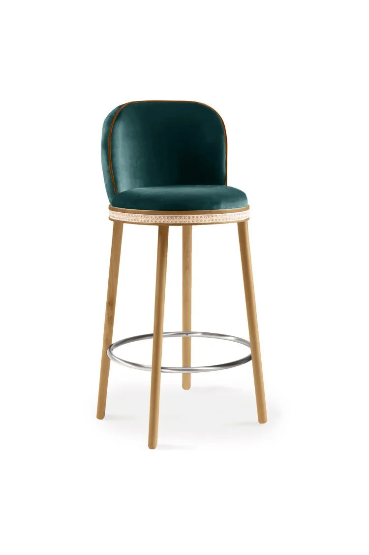 Alma Bar Stool in Duck velvet on Natural Oak legs with Satin Nickel footrest