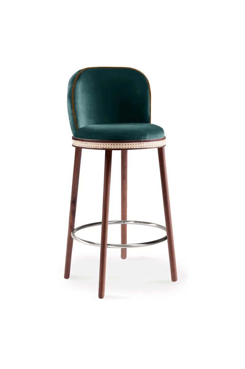 Alma Bar Stool in Duck velvet on Natural Walnut legs with Polished Nickel footrest