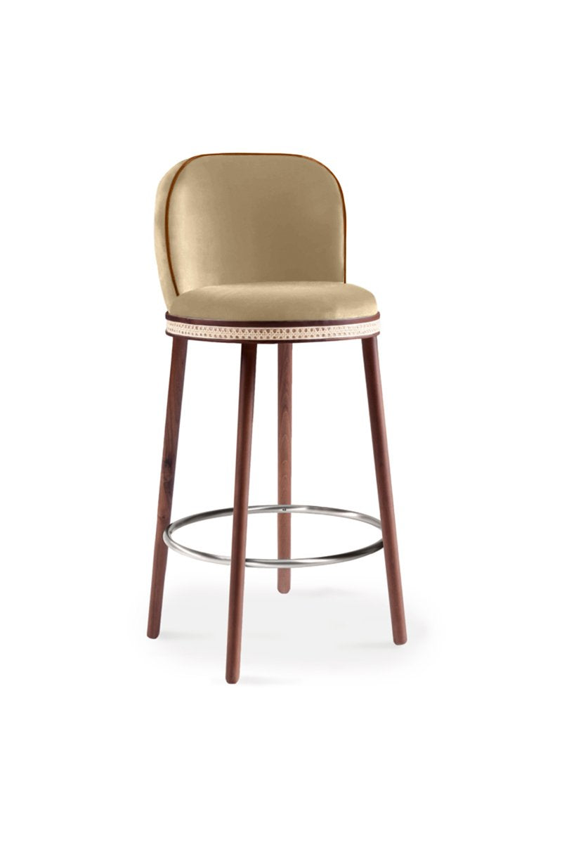 Alma Bar Stool in Dune velvet on Natural Walnut legs with Polished Nickel footrest