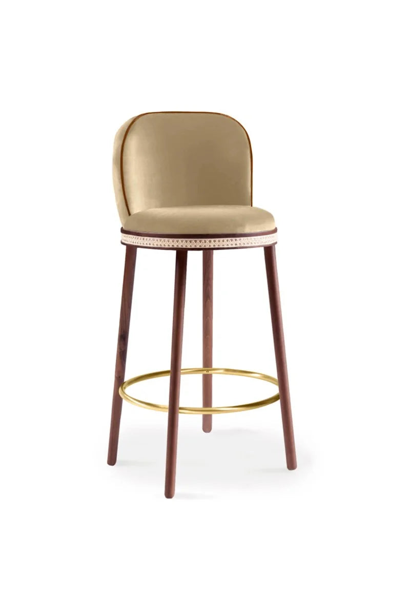 Alma Bar Stool in Dune velvet on Natural Walnut legs with Satin Brass footrest