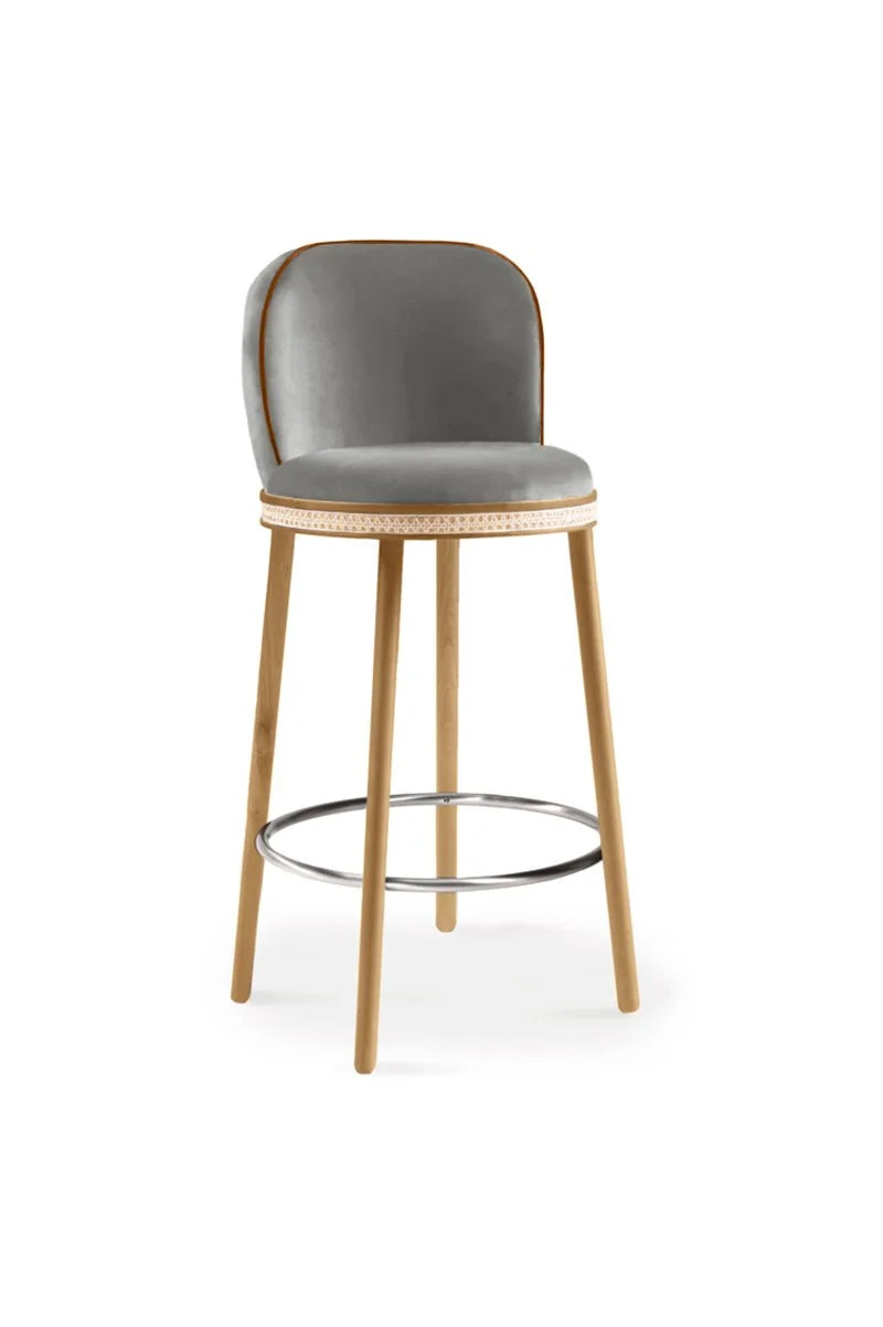 Alma Bar Stool in Fog velvet on Natural Oak legs with Polished Nickel footrest