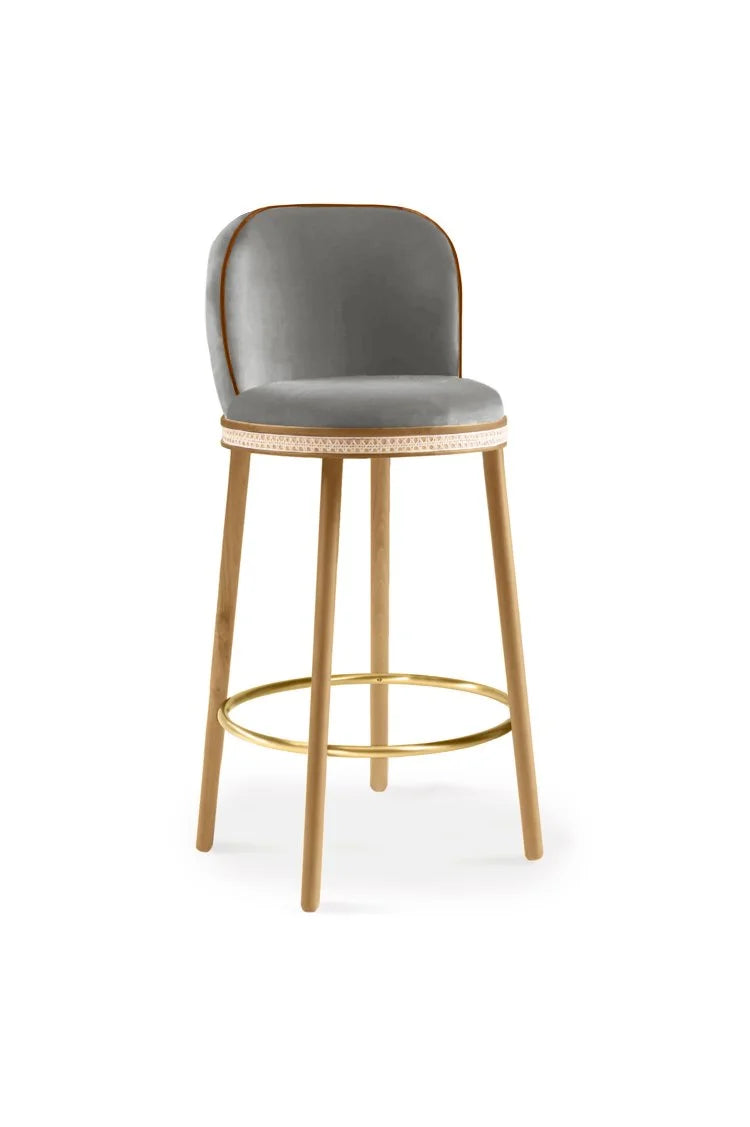 Alma Bar Stool in Fog velvet on Natural Oak legs with Satin Brass footrest