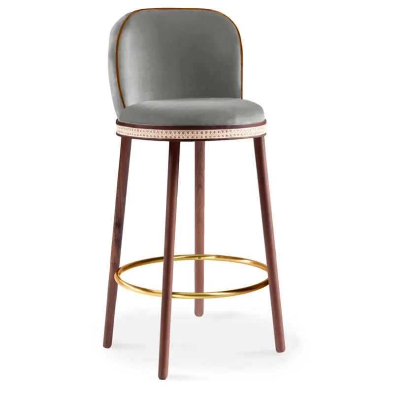Alma Bar Stool in Fog velvet on Natural Walnut legs with Polished Brass footrest