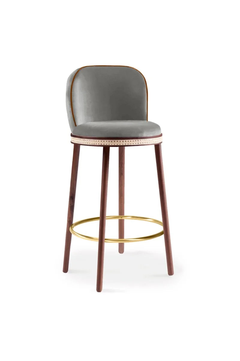 Alma Bar Stool in Fog velvet on Natural Walnut legs with Satin Brass footrest