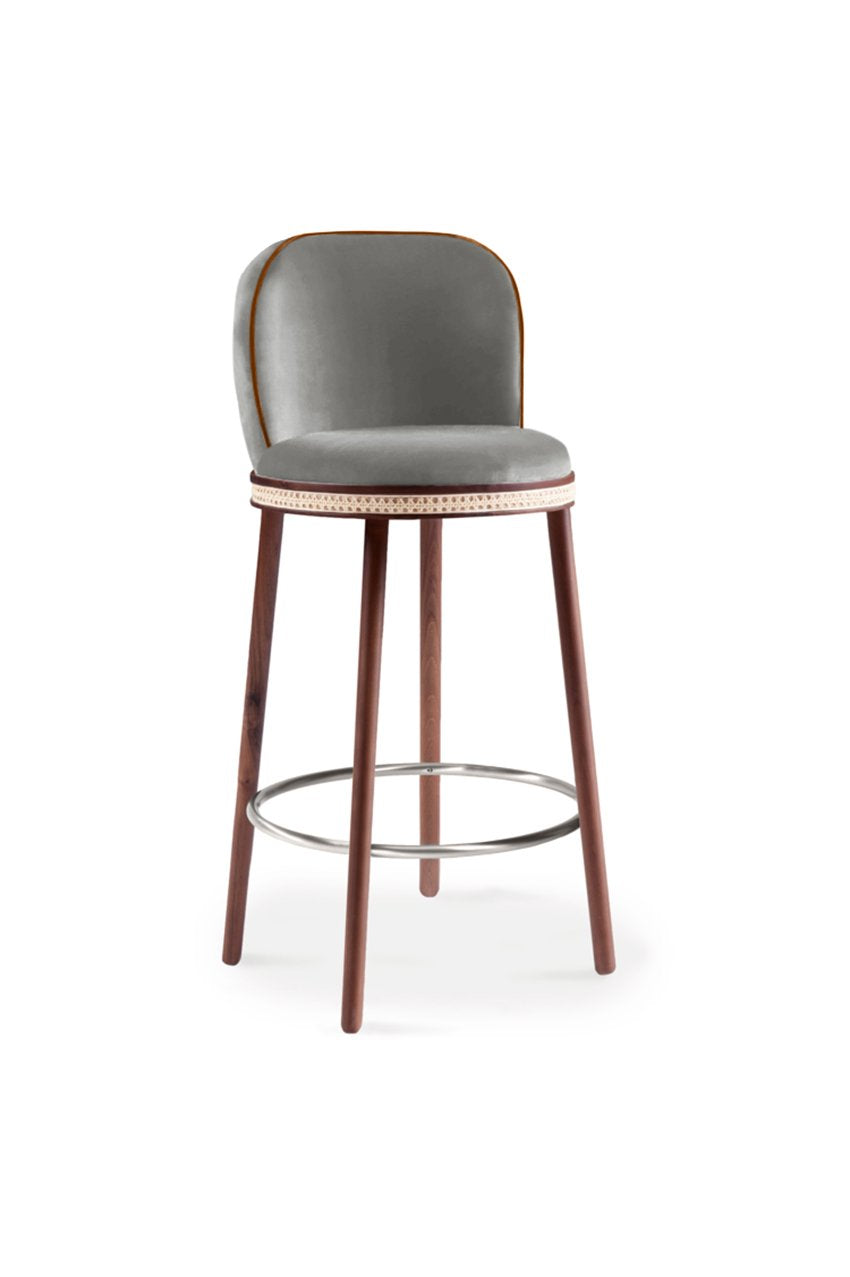 Alma Bar Stool in Fog velvet on Natural Walnut legs with Satin Nickel footrest