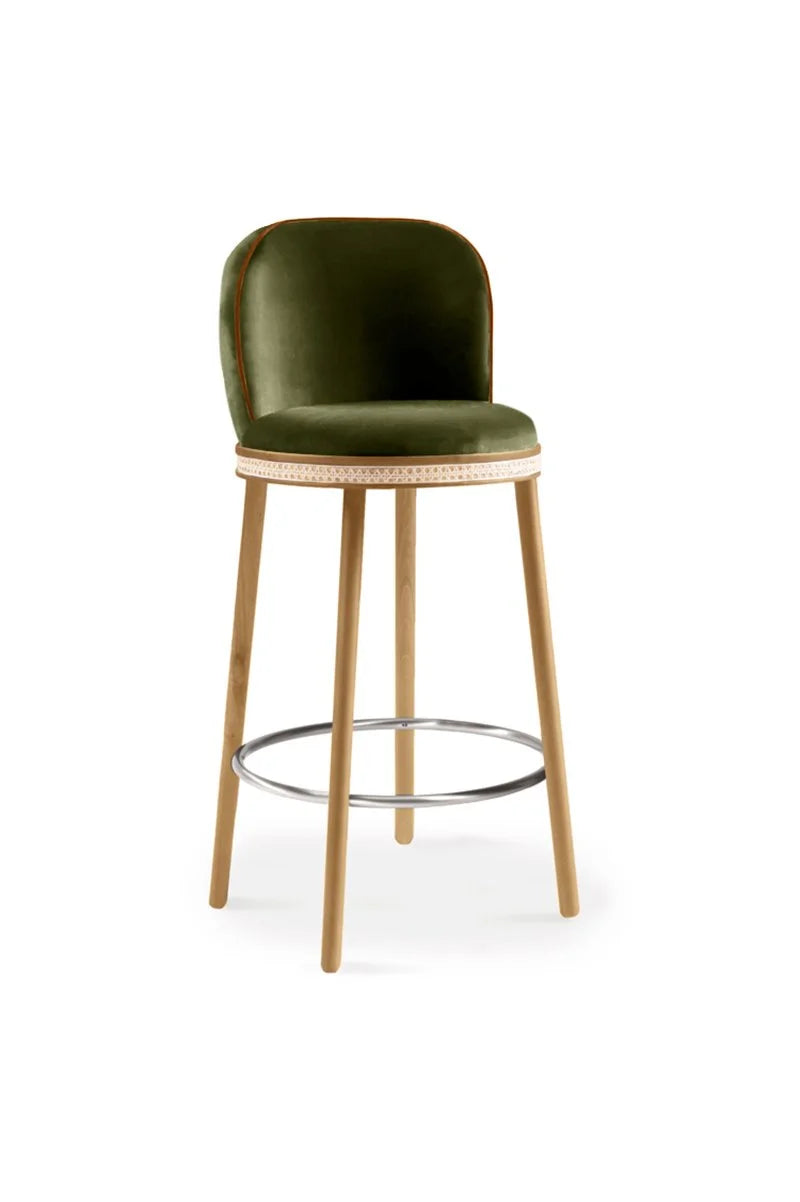 Alma Bar Stool in Kiwi velvet on Natural Oak legs with Satin Nickel footrest