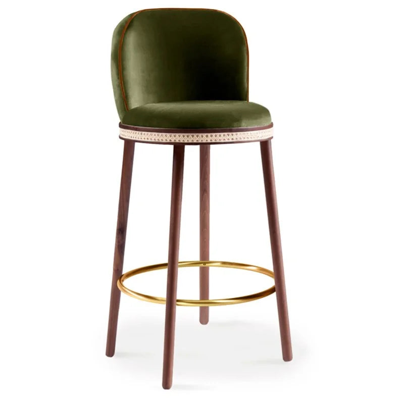 Alma Bar Stool in Kiwi velvet on Natural Walnut legs with Polished Brass footrest