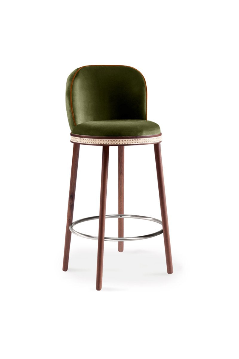 Alma Bar Stool in Kiwi velvet on Natural Walnut legs with Polished Nickel footrest