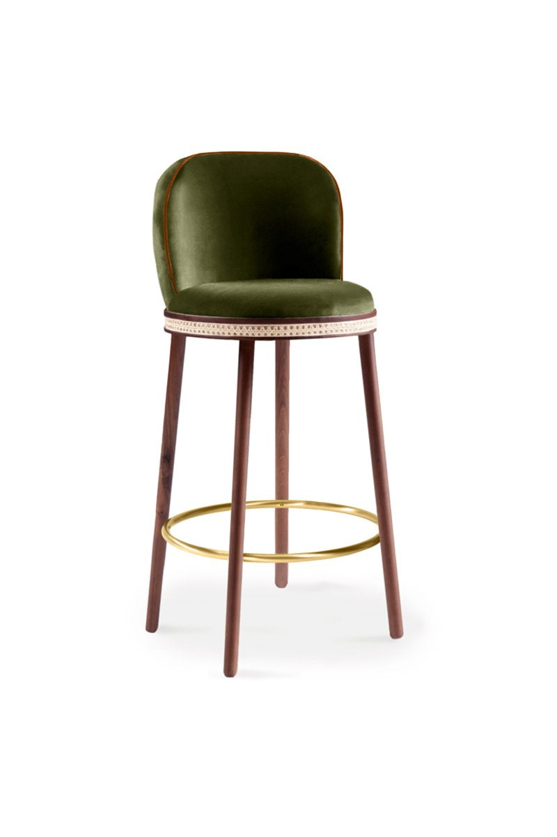 Alma Bar Stool in Kiwi velvet on Natural Walnut legs with Satin Brass footrest