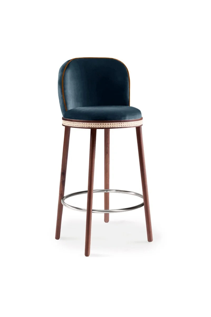 Alma Bar Stool in Méditerranée velvet on Natural Walnut legs with Polished Nickel footrest