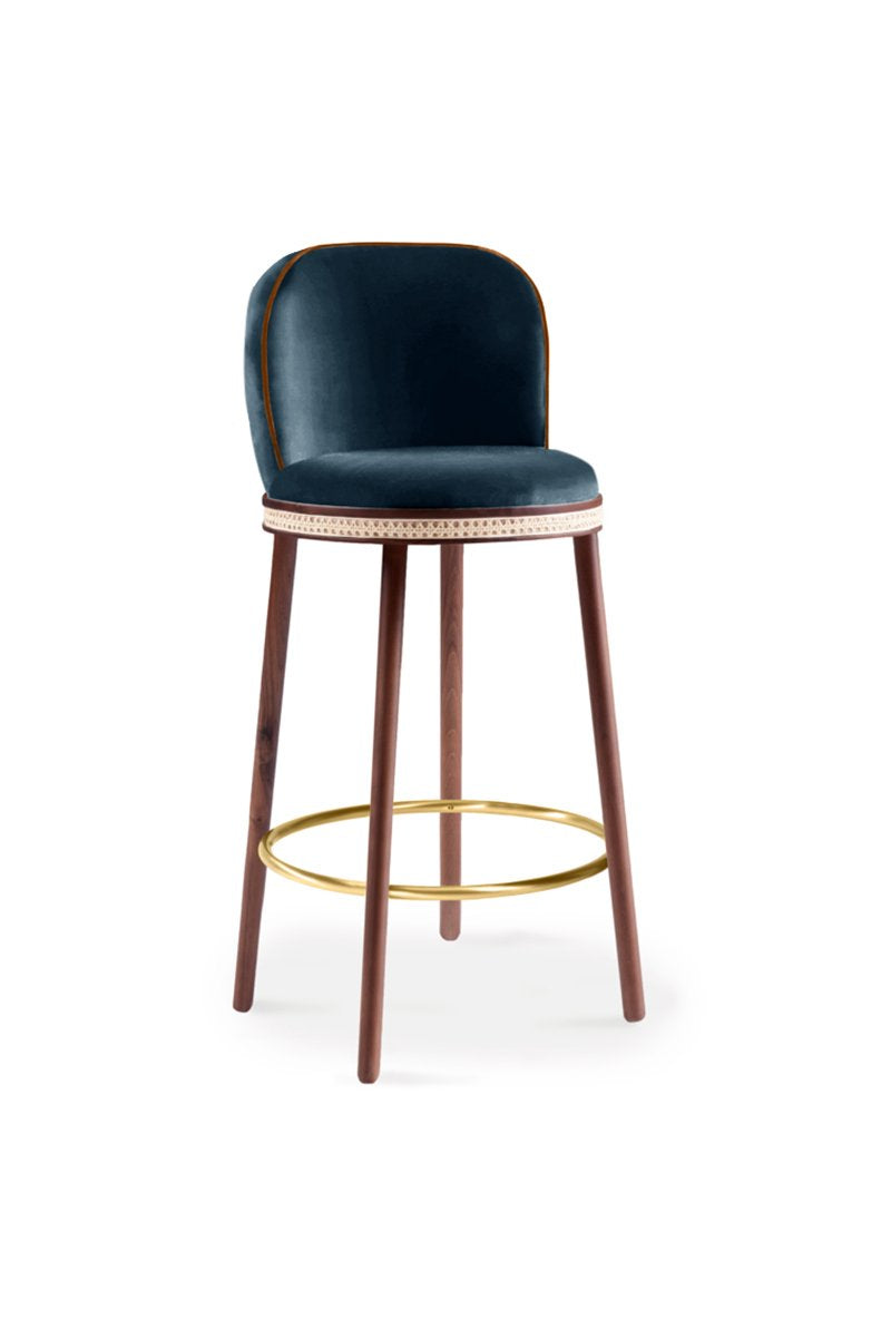 Alma Bar Stool in Méditerranée velvet on Natural Walnut legs with Satin Brass footrest