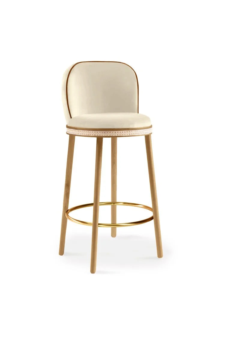 Alma Bar Stool in Nuage velvet on Natural Oak legs with Polished Brass footrest