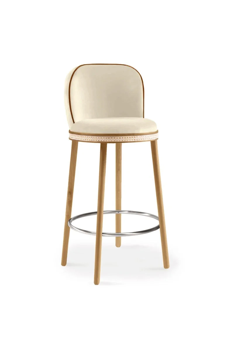 Alma Bar Stool in Nuage velvet on Natural Oak legs with Satin Nickel footrest
