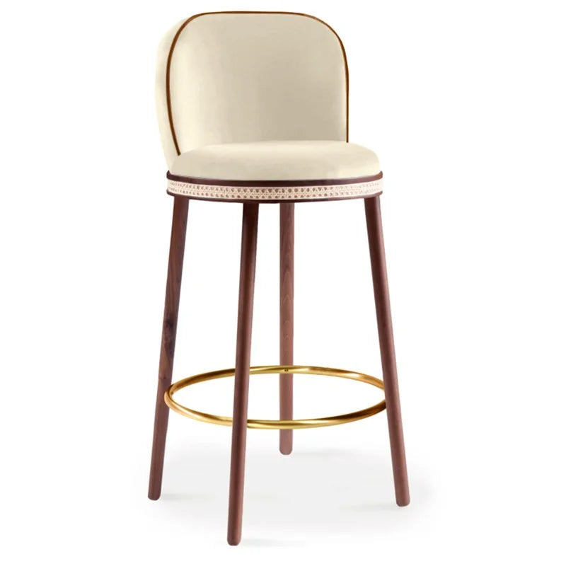 Alma Bar Stool in Nuage velvet on Natural Walnut legs with Polished Brass footrest