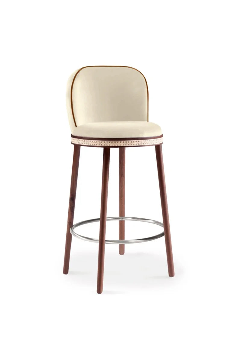Alma Bar Stool in Nuage velvet on Natural Walnut legs with Satin Nickel footrest