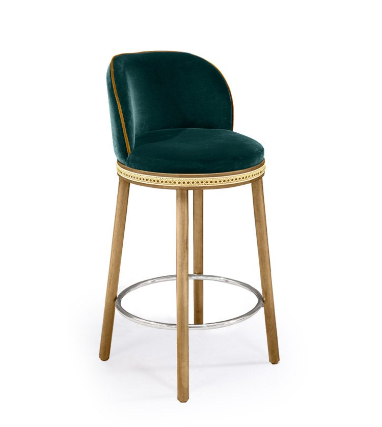 Alma Counter Stool in Duck velvet with natural oak legs and polished nickel footrest