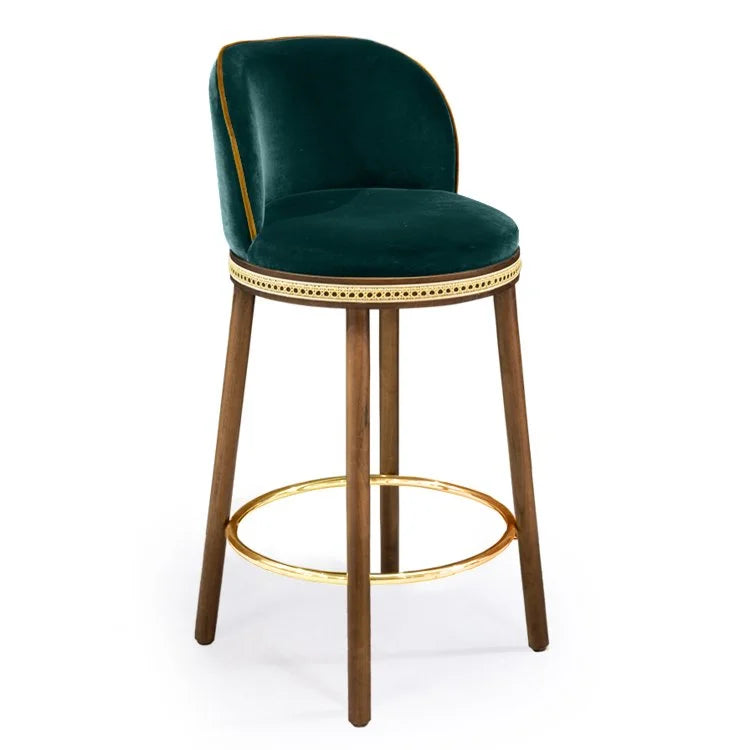 Alma Counter Stool in Duck velvet with natural walnut legs and polished brass footrest
