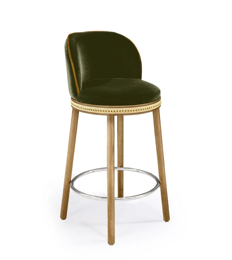 Alma Counter Stool in Kiwi velvet with natural oak legs and satin nickel footrest