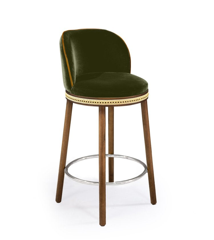 Alma Counter Stool in Kiwi velvet with natural walnut legs and polished nickel footrest