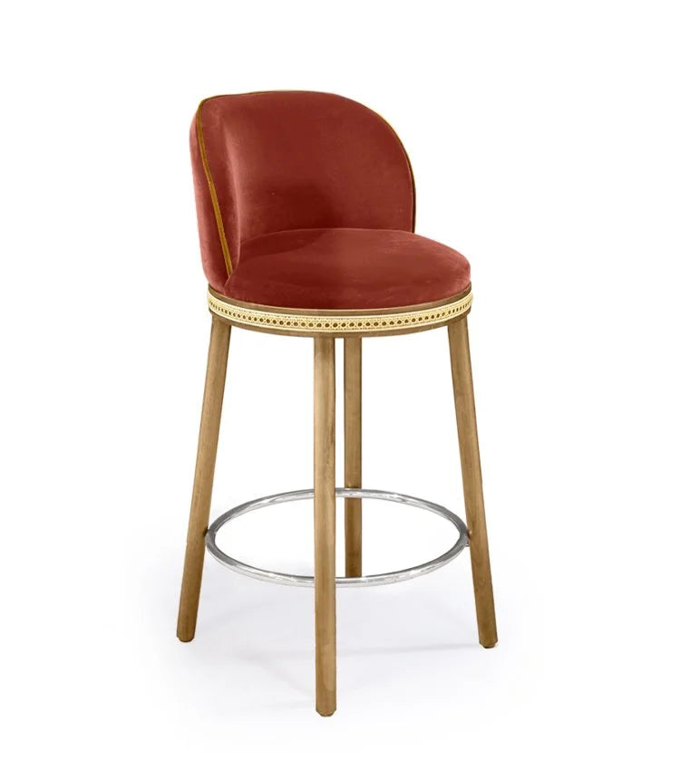 Alma Counter Stool in Peche velvet with natural oak legs and polished nickel footrest