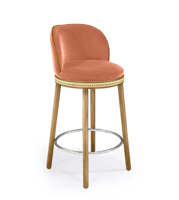 Alma Counter Stool in Powder velvet with natural oak legs and polished nickel footrest