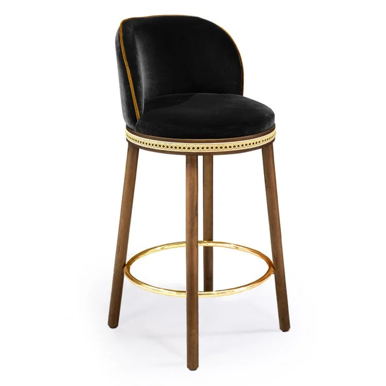 Alma Counter Stool in Simple Black velvet with natural walnut legs and polished brass footrest