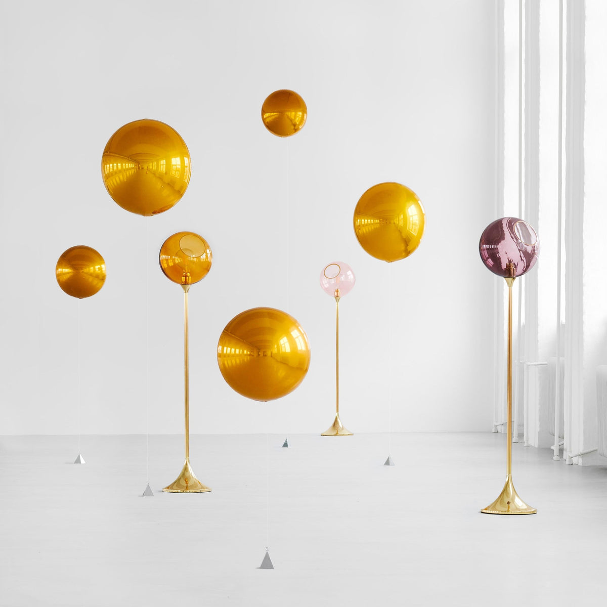 Ballroom Floor Lamp in Amber, Pink and Purple Rain among floating gold spheres