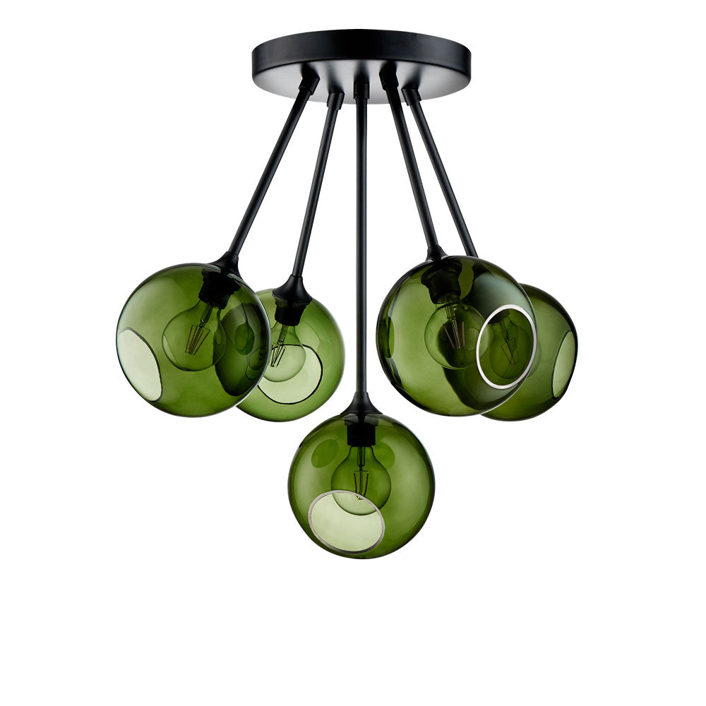 Ballroom Molecule Chandelier with green glass globes and black frame