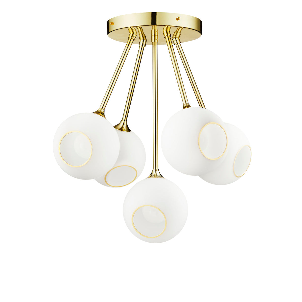 Ballroom Molecule Chandelier with white glass globes and gold frame