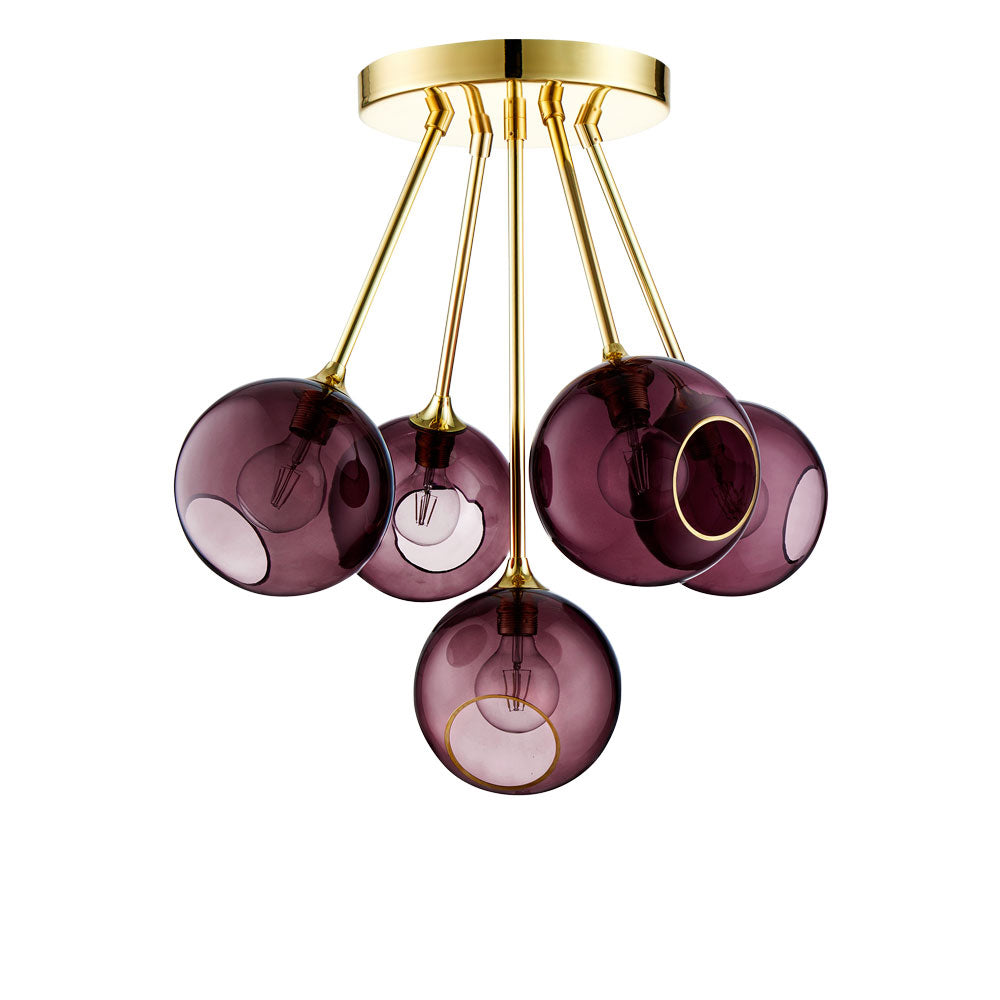 Ballroom Molecule Gold - Purple Chandelier, five purple glass globes on gold arms