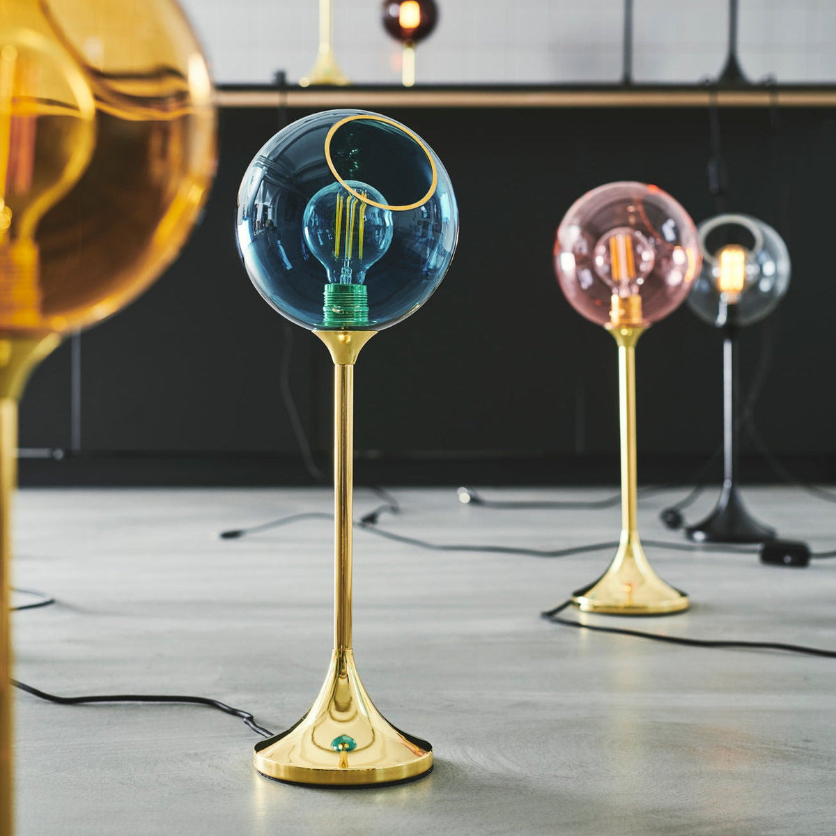 Ballroom Table Lamp in Blue Sky and Pink glass with gold stems