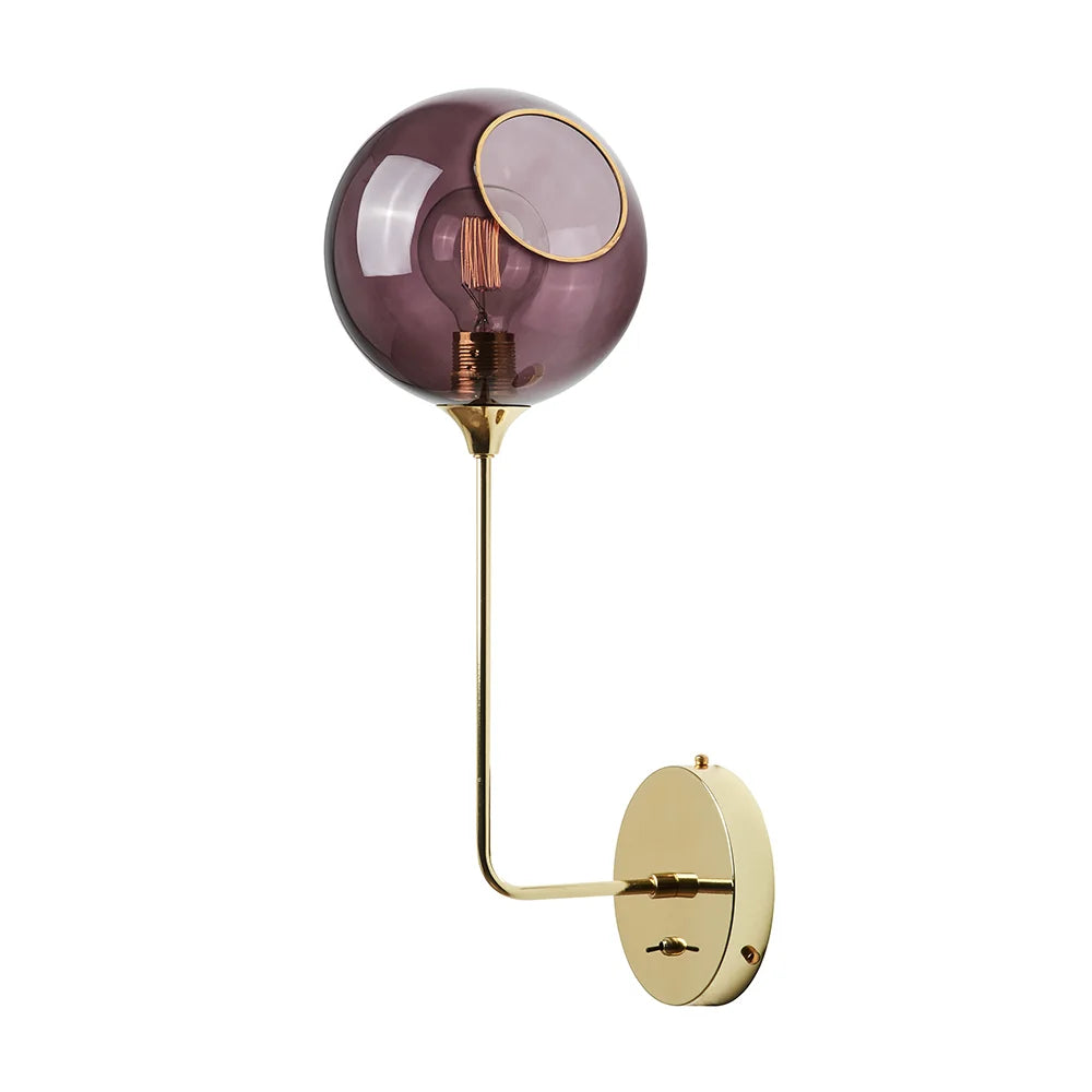 Ballroom Tall Light Sconce Purple: purple glass globe on polished brass arm