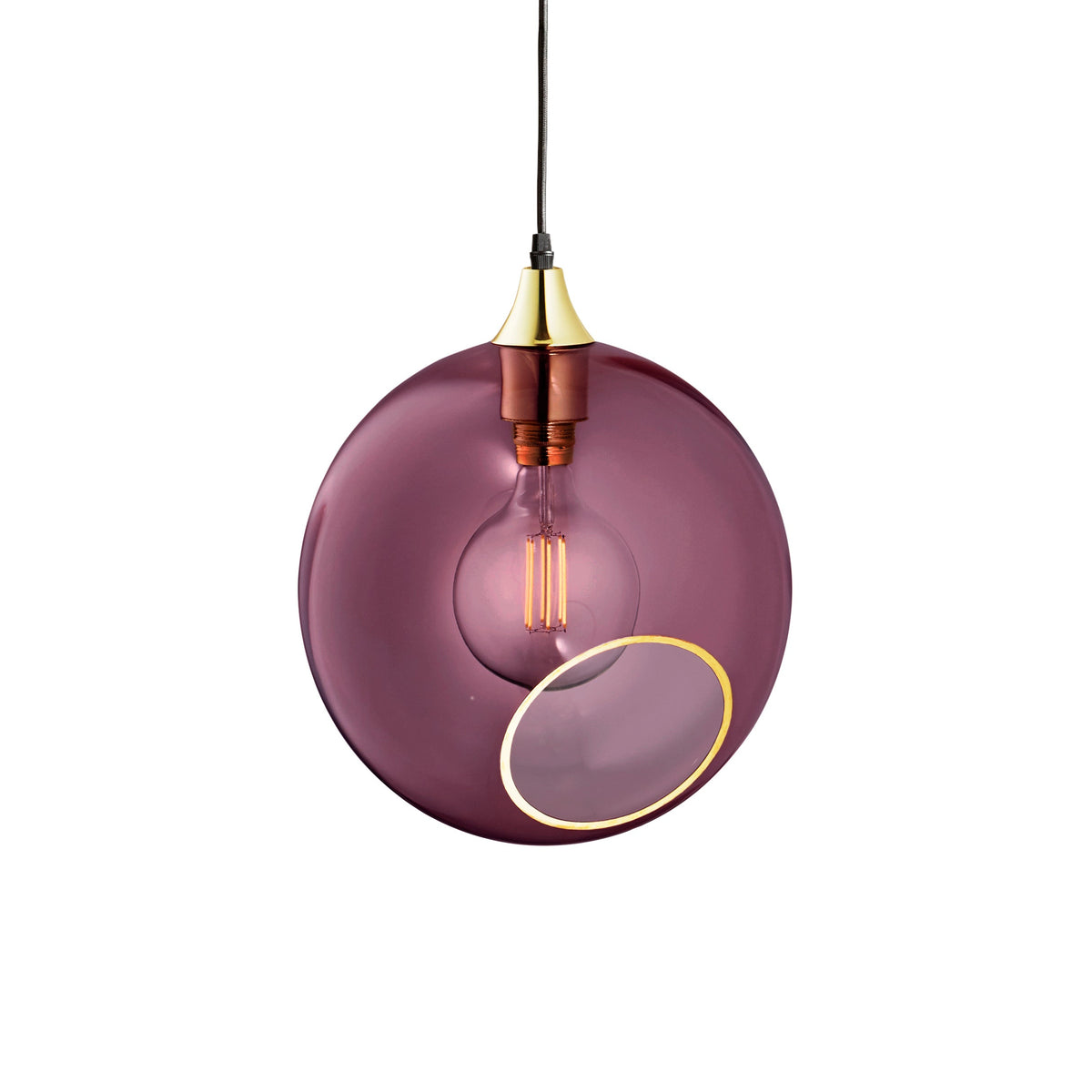 Ballroom XL Purple Rain Pendant Light in purple glass globe with brass fitting and filament bulb