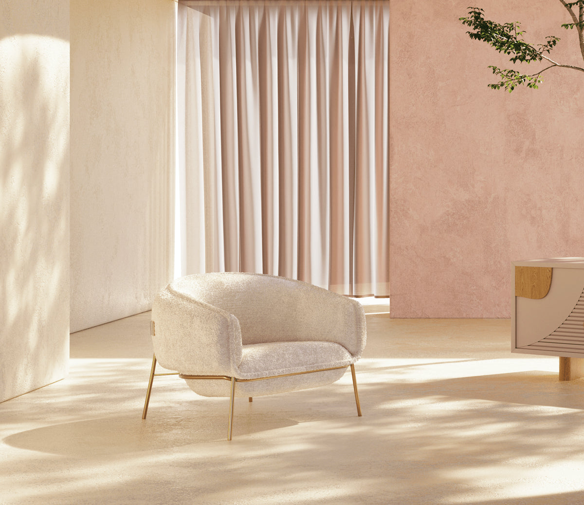Blop Armchair in cream bouclé with gold legs in a sunlit pink room