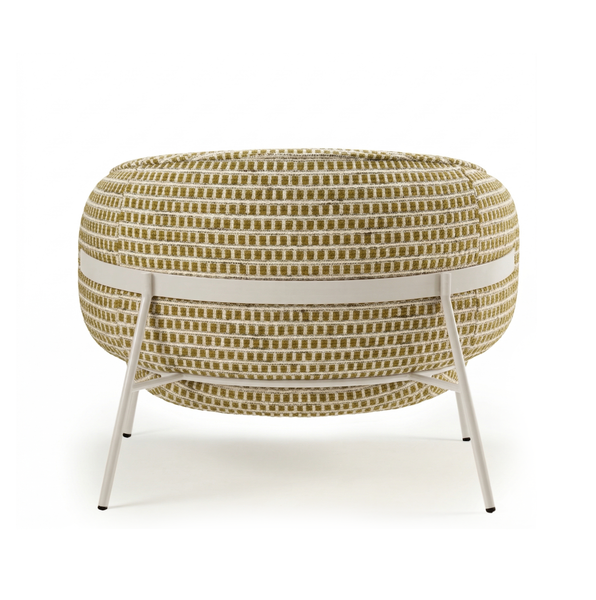 Blop Armchair in mustard woven fabric, back view showing the band and legs