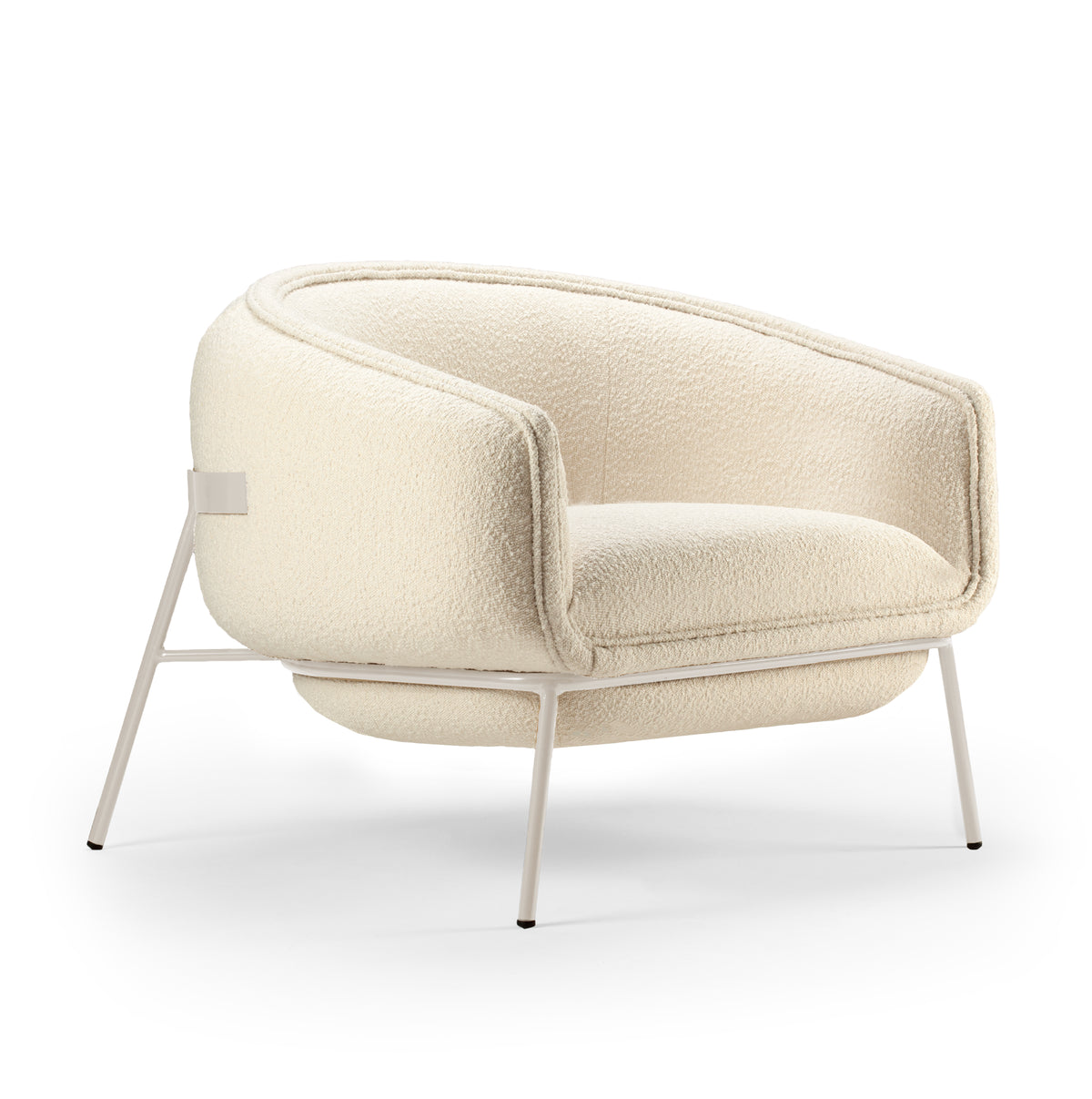 Blop Armchair in cream bouclé, three-quarter front view with cream frame