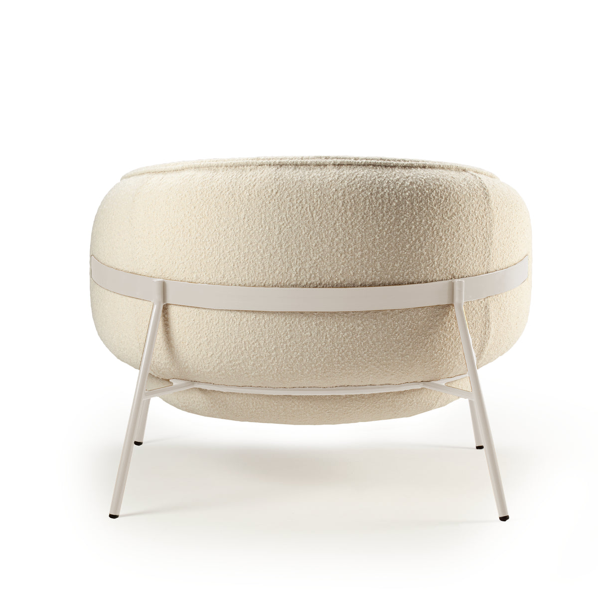 Blop Armchair in cream bouclé, back view with cream metal band