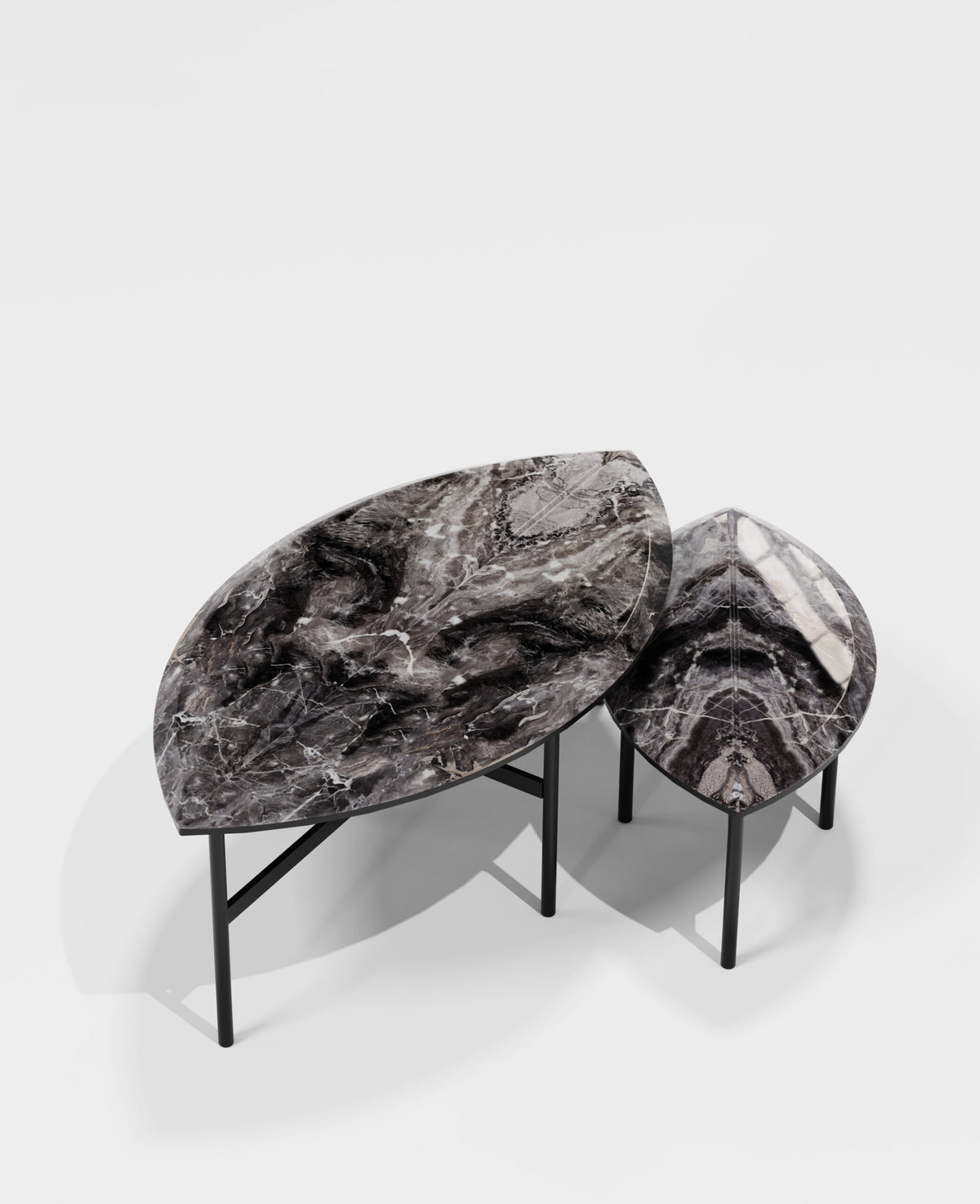 Book One & Two Coffee Table pair in dark grey marble, close high angle