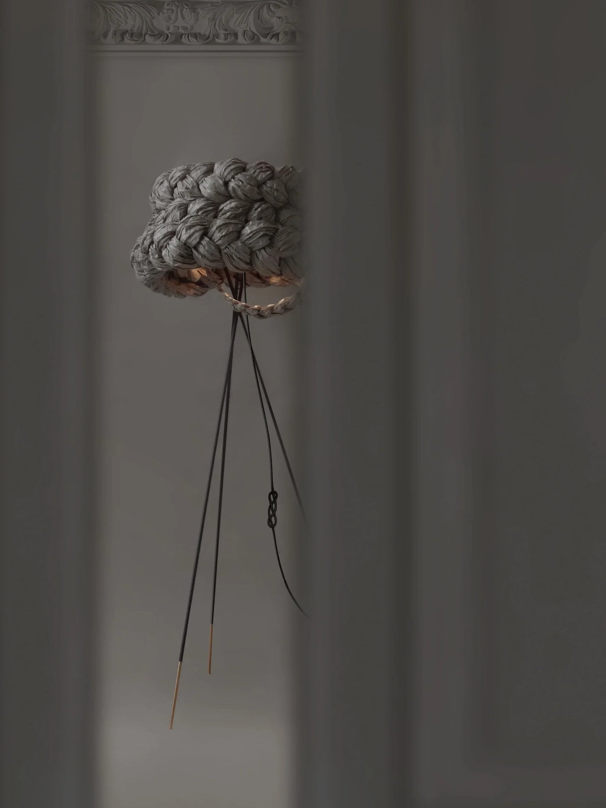 Mammalampa Bride Floor Lamp Graphite - Large with braided paper shade on a slim tripod
